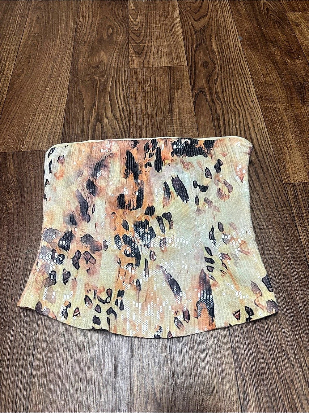 Fashion Nova Sequin Animal Print Crop Top in Beige & Orange sequins